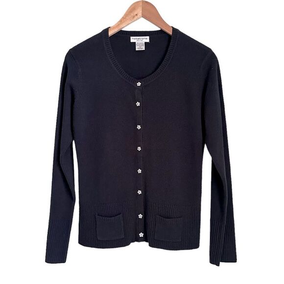 Vintage Petite M Black Sweater Rhinestone Button Up Cardigan Ornate Sparkly - Picture 1 of 9
